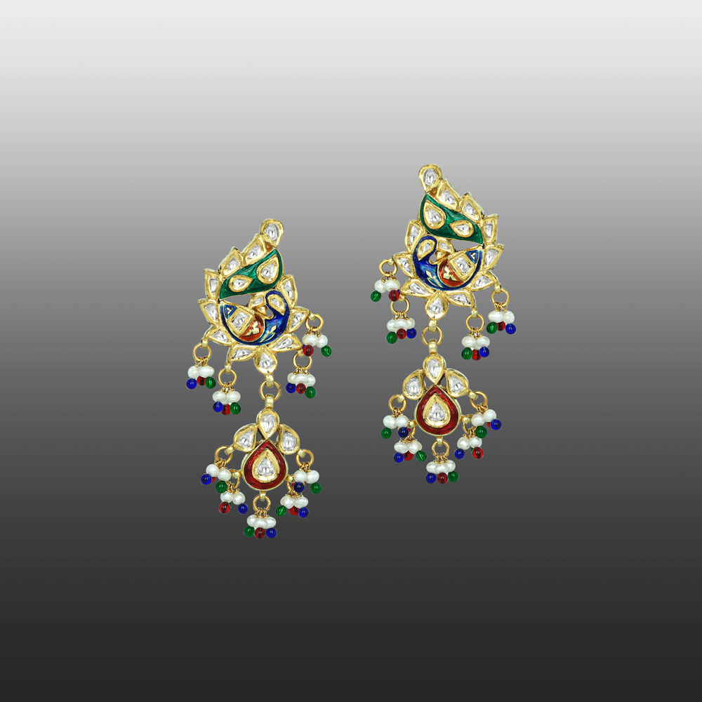 Peacock Polki Earrings with Enamel Peacock and Beads